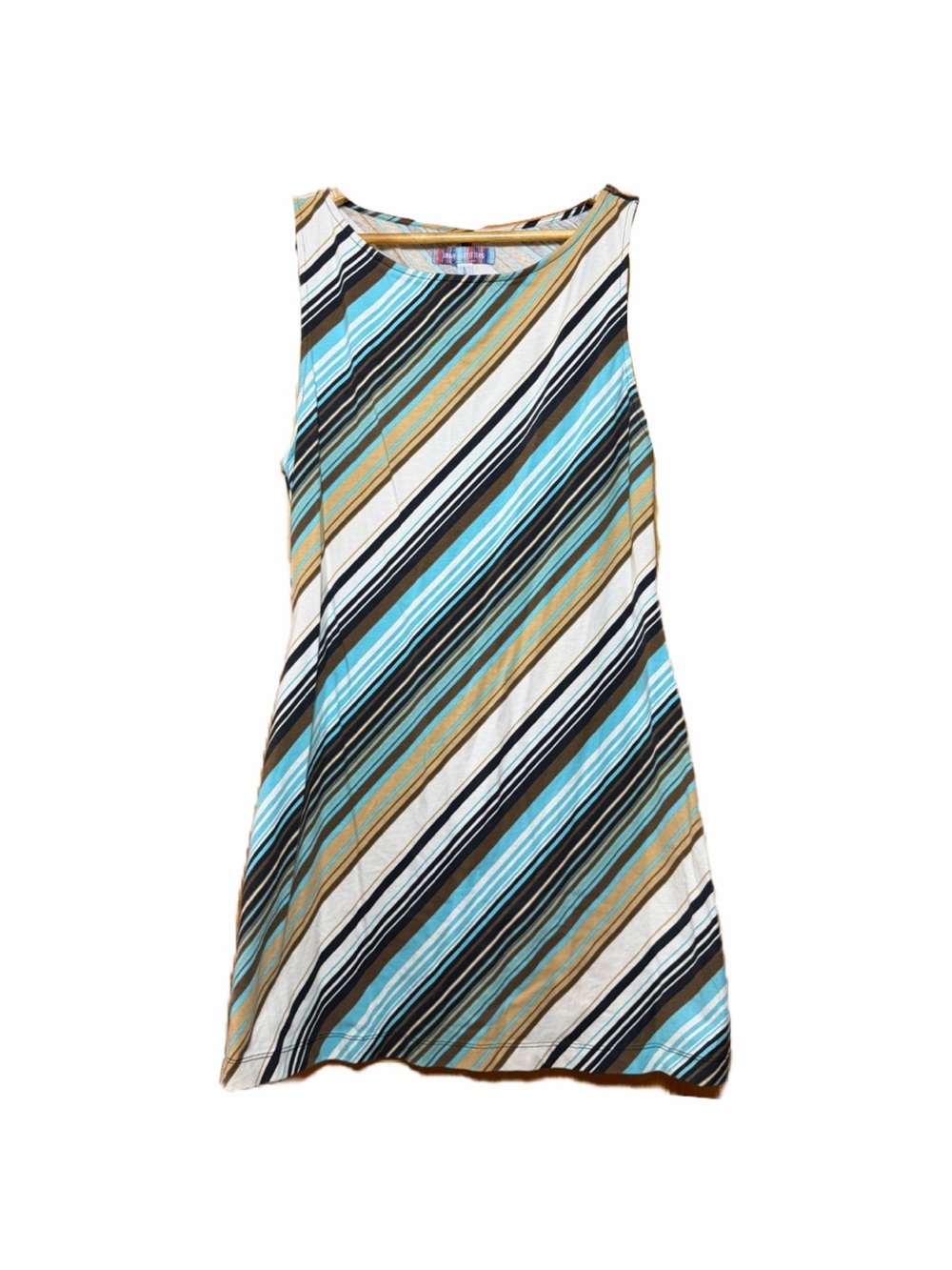 Sleeveless Striped A-Line Dress - Blue & Tan